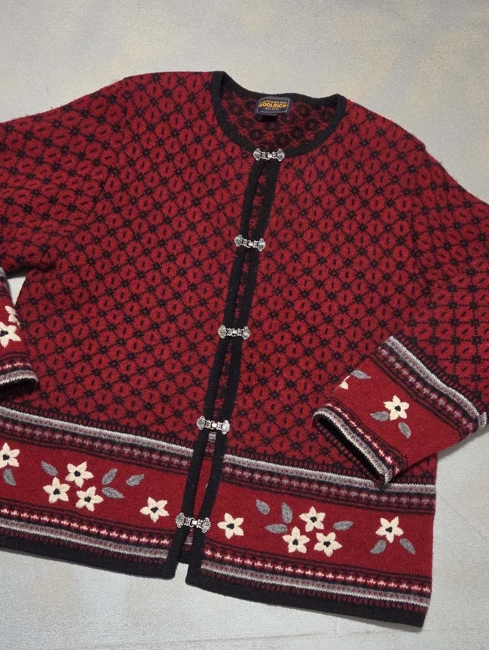 Woolrich Red and Black Floral Nordic Cardigan with Silver Clasps 100% WOOL.